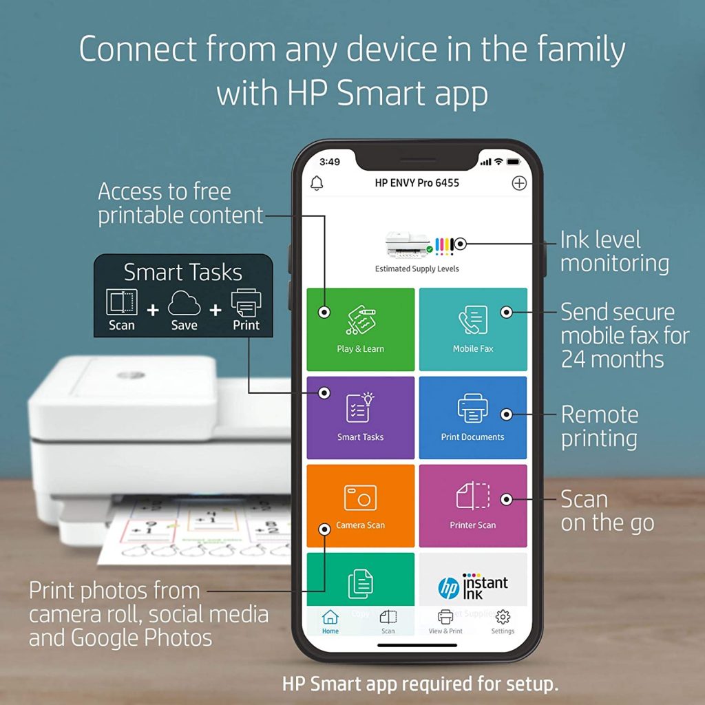 HP Envy Pro 6455 All in one Printer. It can connect from any device in the family with HP Smart app.