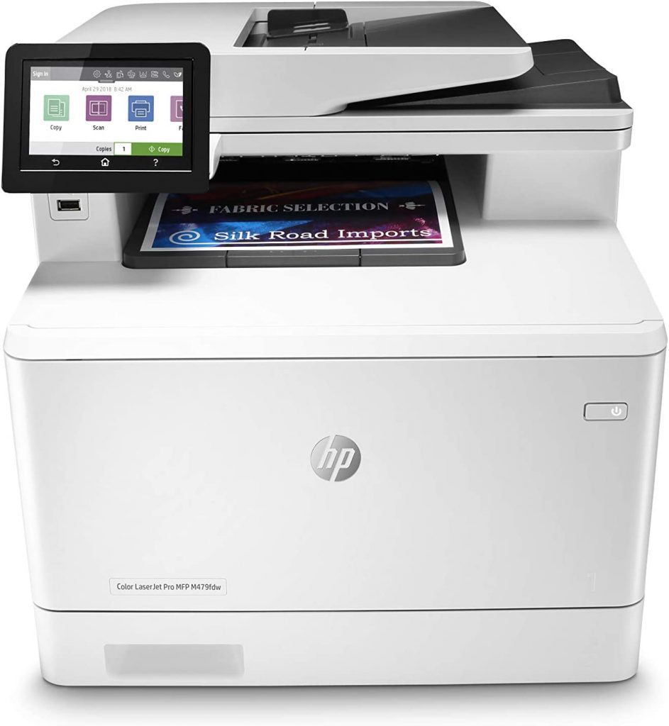 HP Color LaserJet Pro M479fdw Printer. It’s energy efficient, has a 50-page automatic document feeder.
