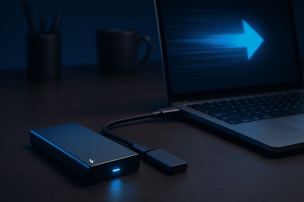 Thunderbolt 3 SSD transferring files via a dock to a laptop, with blue indicator lights.