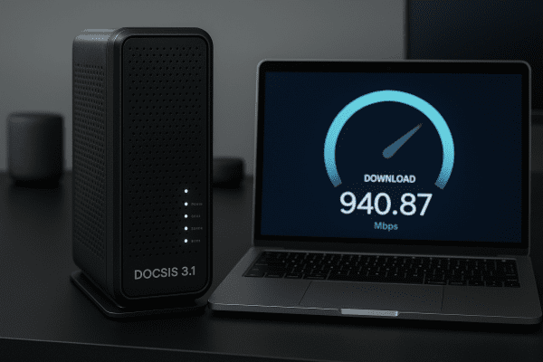 DOCSIS 3.1 cable modem with all indicator lights on, next to a laptop displaying a high internet speed test result.