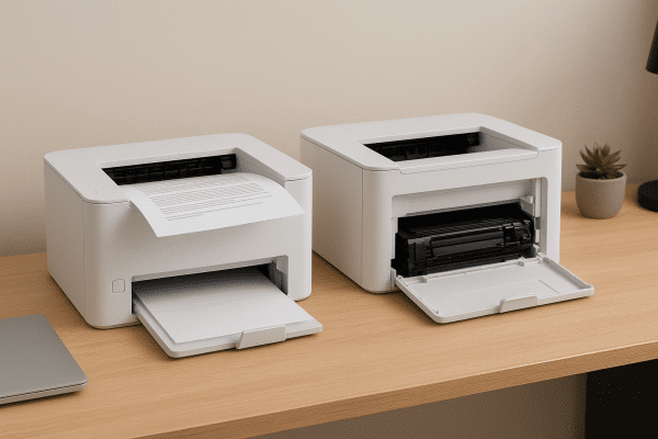Two affordable laser printers on a neat desk, one mid-print and one with an open toner compartment, with modern office decor.