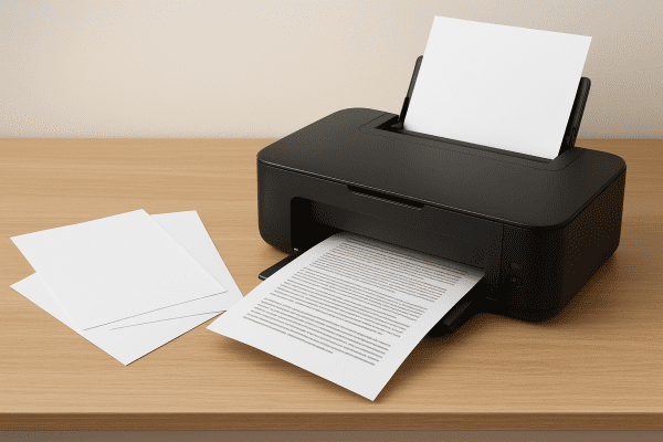 Affordable printer demonstrating duplex printing with various paper sizes displayed.