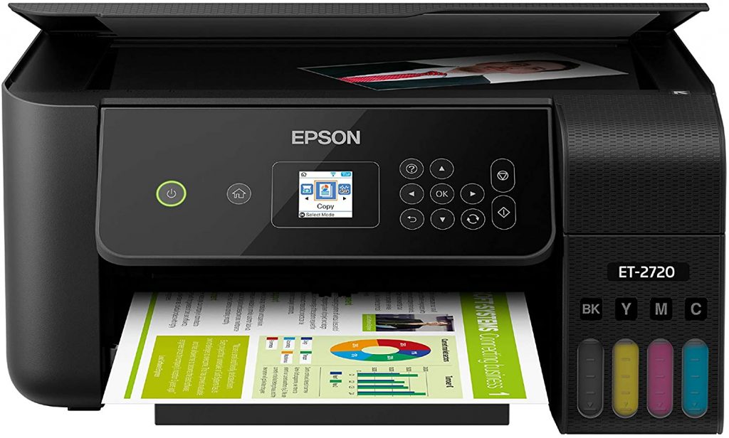 This is an Epson EcoTank ET-2720 Printer. This printer has a colored document on the printer tray. There is also a formal picture on the scanner. Epson printers are great.