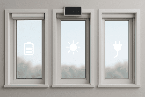 Three windows, each with a different motorized blind power source: battery, solar, and hardwired, each visually indicated.