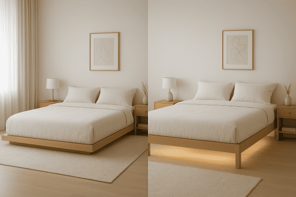 Two platform beds side-by-side: one ultra-low with minimal clearance, another at standard height with ample under-bed space, in a modern neutral bedroom.