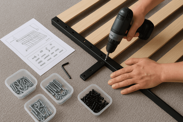 Top-down close-up of hands assembling a platform bed frame with wooden slats, metal brackets, and organized hardware on a clean gray rug.