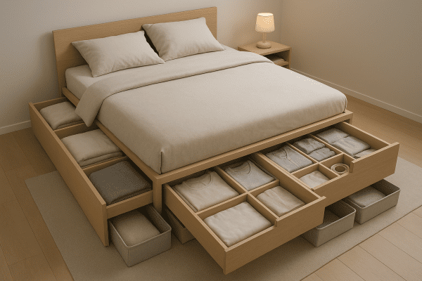 Platform bed with open storage drawers and under-bed bins, all neatly organized with bedding, clothing, and labeled accessories.