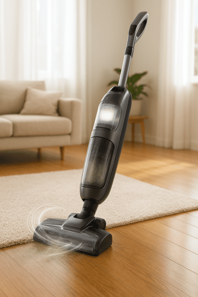 A modern upright vacuum with visible suction and glowing HEPA filter, cleaning carpet and hardwood in a bright room.
