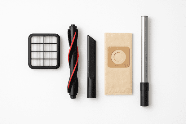 Organized vacuum parts and accessories, like filters and brushrolls, on a clean white surface.