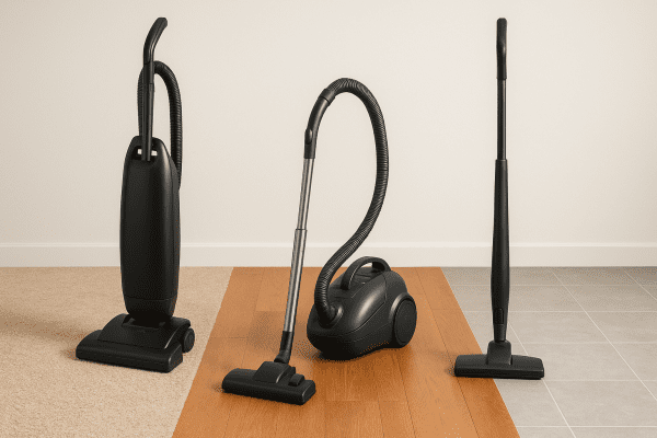 Upright, canister, and stick vacuums each on a different floor type in a bright, open space.