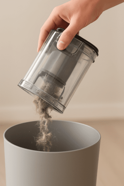 Transparent vacuum dust bin being emptied by hand into a trash can, with clean, dust-free disposal.