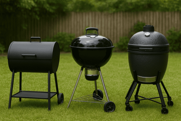 Barrel, kettle, and ceramic grills side by side on a lush green lawn with garden fence behind.