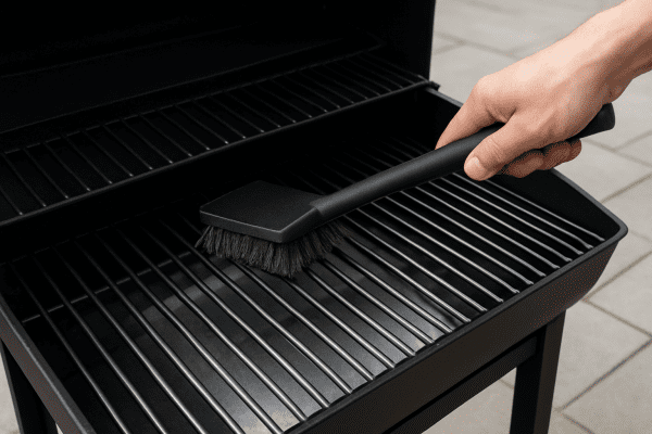 Person scrubbing lifted grill grates with a brush and ash pan below, all on a clean stone patio.