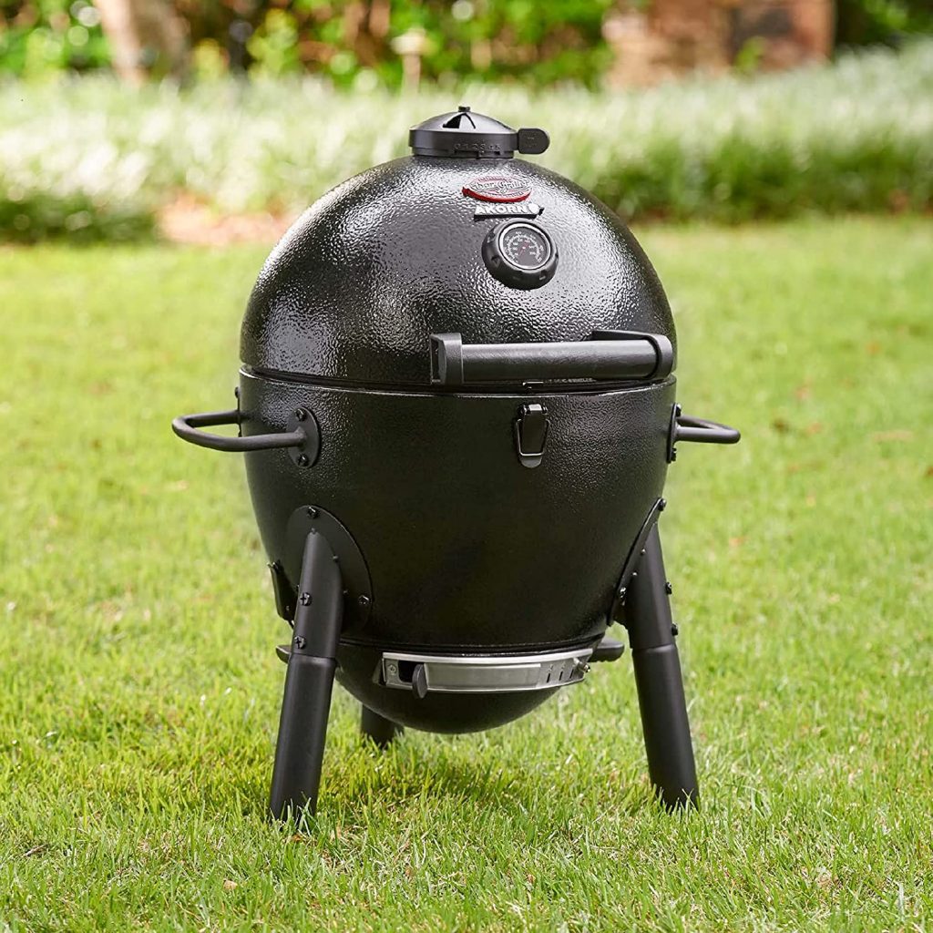 Charcoal grill. This is a Kamado style charcoal grill. That means charcoal grill should heat food more evenly, so every bite has that smoky charcoal flavor. The grill has handles on both sides. It has an egg shape with a built-in thermometer in the lid. There’s a large ash tray that’s easy to remove and dump, as well. It’s light enough to be portable but durable enough to last. There are dual air-flow dampers, along with a hinged lid. The exterior is made of steel and ceramic and the grill grates are cast iron.
