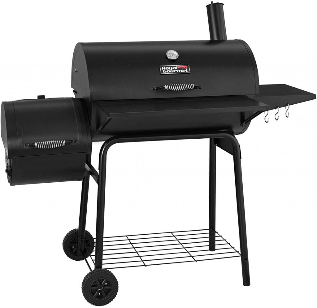 Charcoal grill. This is a charcoal grill and smoker. Grill comes with 800 square inches of cooking space. Grill comes in stainless steel body and weighs about 54 lbs. The smoker is offset and attached to the grill on the left side. It has a door that gives you easy access to add charcoal and remove ashes. There’s an air vent that helps keep the charcoal fire pit stoked, as well. The lid has a built-in thermometer so you can monitor the grill's temperature without opening the grill. There’s even a storage rack underneath to hold accessories. Charcoal grill.