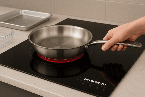User holds a stainless steel skillet on an induction cooktop with digital 'pan detected' indicator; other pans set aside.