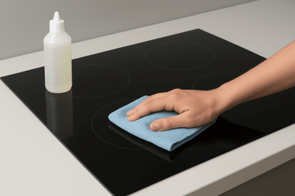 Microfiber cloth wipes a spotless induction cooktop surface, cleaner bottle nearby on an uncluttered counter.