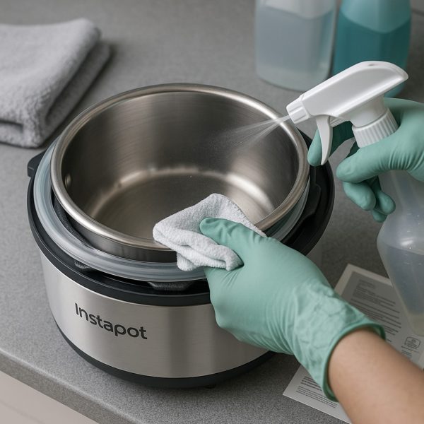 Instapot care scene with hand cleaning sealing ring, microfiber cloth, and mild detergent.