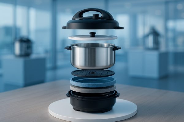 Instapot cross-section showing stainless-steel inner pot, pressure valve, and heating element.