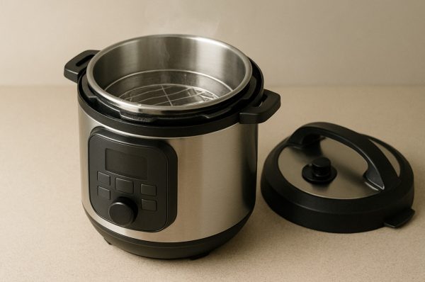 Instapot with steamer basket, trivet, and glass lid arranged to illustrate accessory compatibility for meal prep.