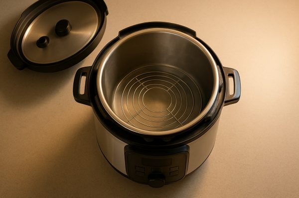 Instapot silicone sealing ring and mesh basket rinsed at sink with food-safe drying mat.