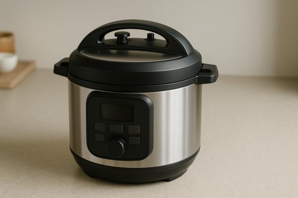 Exploded 3D view revealing Instapot lid, stainless steel inner pot, heating element, and sealing ring alignment.