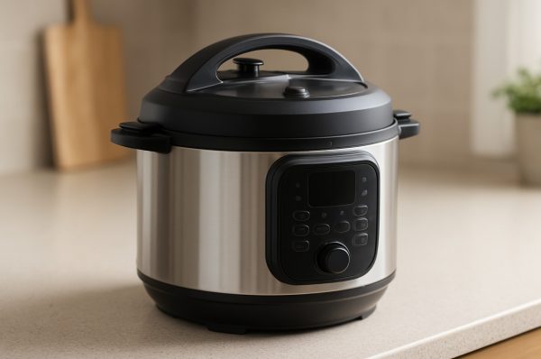 Instapot on countertop showing stainless steel inner pot, steam release valve, and floating valve for feature overview.
