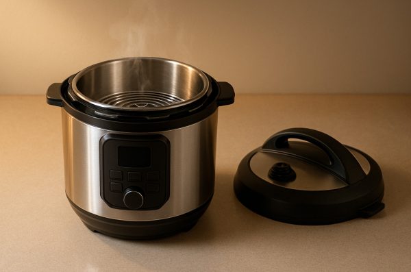 Close view of Instapot control panel featuring pressure level, sauté surface, and timer indicator elements.