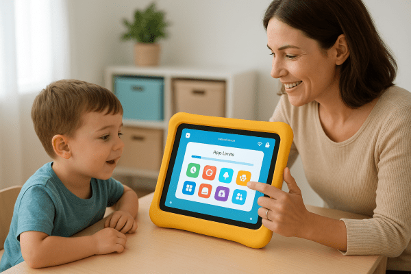 A parent and child interact with parental controls on a kids tablet in a bright family room.