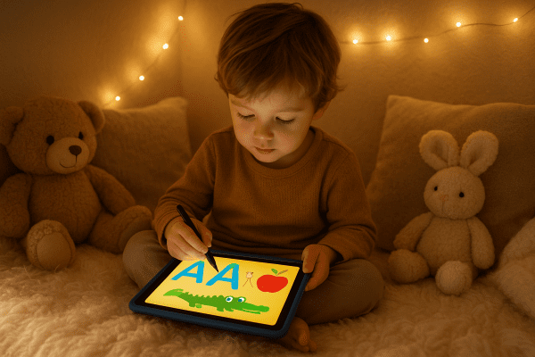 A child traces letters with a stylus on a colorful e-book in a plush reading nook.