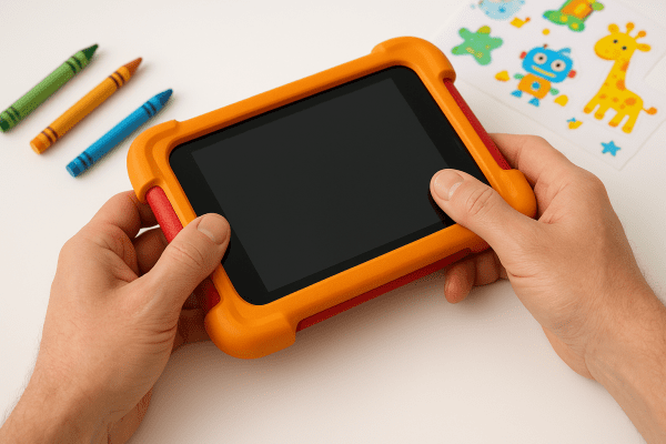 Hands securing a rugged, colorful case onto a kids tablet with crayons on a clean table.