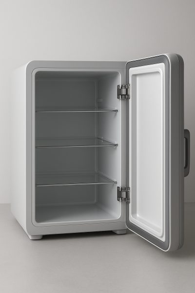 Open brand mini fridge and freezer, featuring glass shelves, silver door, snacks, drinks, bottles, and stainless steel countertop for dorm room refrigerators.