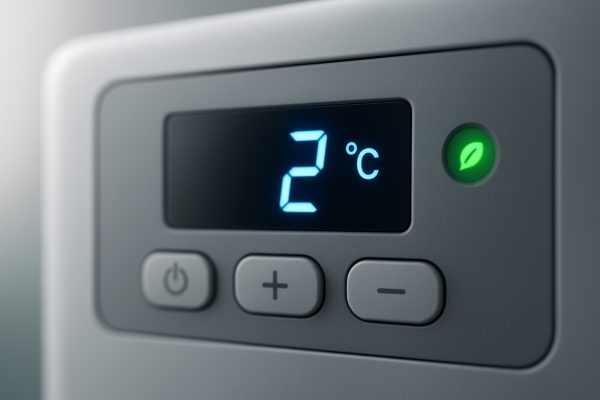 Close-up of mini fridge thermostat menu, showing temperature information, eco mode, warranty details, beverage cooling, noise, and Amazon refrigerator price.