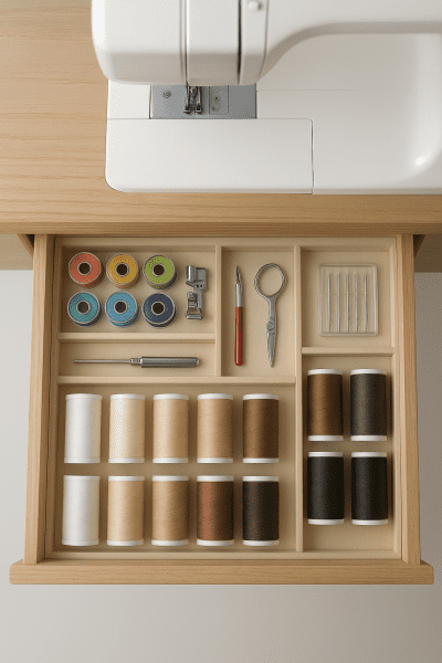 Neatly arranged sewing machine drawer with bobbins, presser feet, needles, scissors, and threads in labeled compartments.