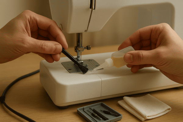 Hands delicately cleaning and oiling the needle plate and moving parts of a sewing machine, maintenance kit nearby.