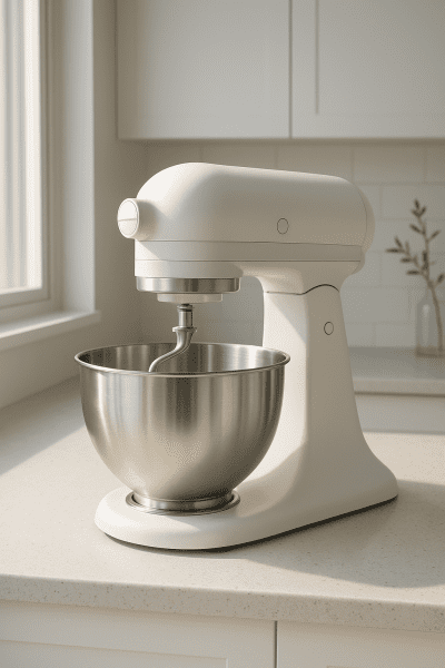 Bright, minimalist kitchen with a stand mixer, bowl, and dough hook in focus on a quartz counter.