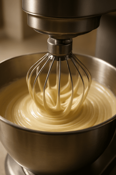 Whisk attachment in motion, mixing batter in a shiny steel bowl with soft kitchen lighting.