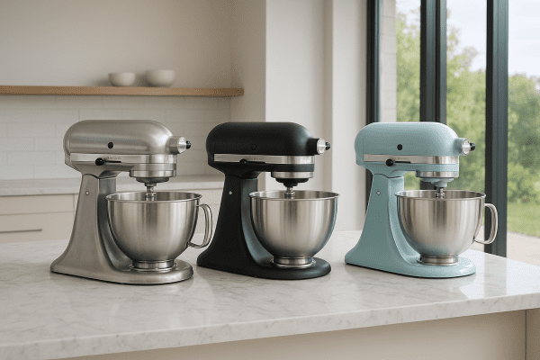 Three stand mixers in different sizes and colors displayed on a marble island in a sunlit kitchen.