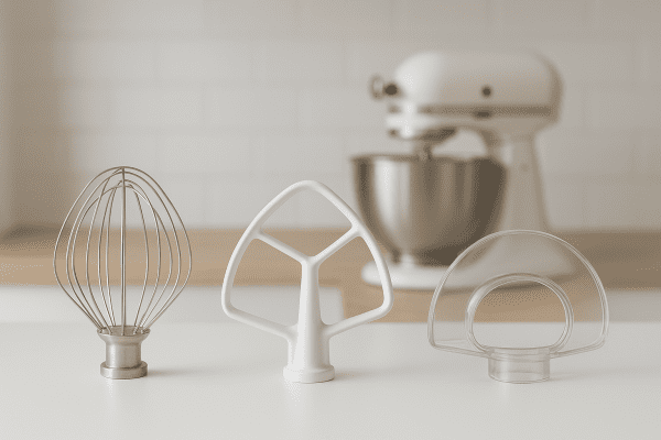 Beater, paddle, and splash guard attachments upright on a white kitchen counter, mixer softly blurred in background.