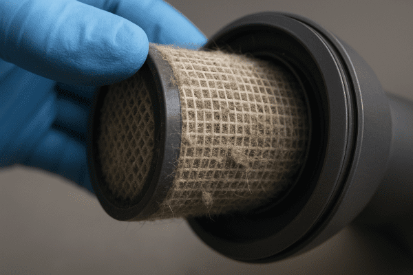 Macro shot of a HEPA filter for a stick vacuum, with dust and pet dander trapped, being handled by a gloved hand.