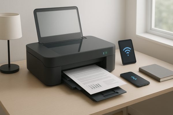 A sleek wireless inkjet printer with open scanner lid, glowing Bluetooth and WiFi indicators, tablet and smartphone nearby on a minimalist desk.
