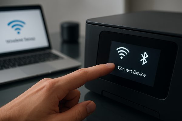 Close-up of wireless printer touchscreen with illuminated Bluetooth and WiFi icons, user's finger hovering, laptop and smartphone blurred behind.