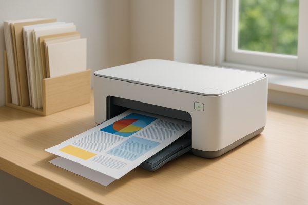 Compact wireless printer actively printing a double-sided color brochure, neat paper and envelope stack on bright, tidy desk.