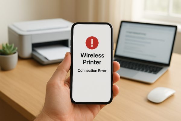 Hand holds smartphone with wireless printer error, printer and laptop showing troubleshooting guide in calm, sunlit office.