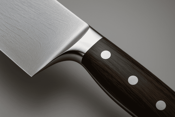 Macro view of a chef knife blade, showing steel texture, polished bolster, and riveted handle.