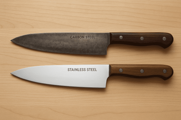 Two chef knives, one with a patina (carbon steel) and one shiny (stainless steel), on a maple board.