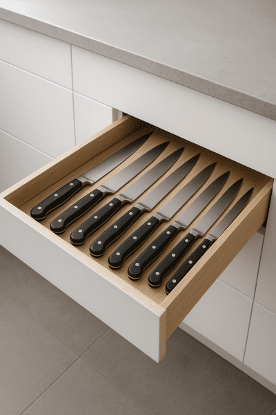 A modern kitchen drawer with a wooden knife block insert, chef knives stored neatly and safely.