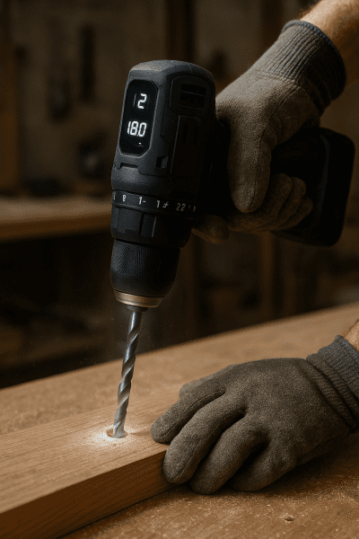 Cordless drill with digital display showing speed and voltage, drilling into hardwood, LED light on.