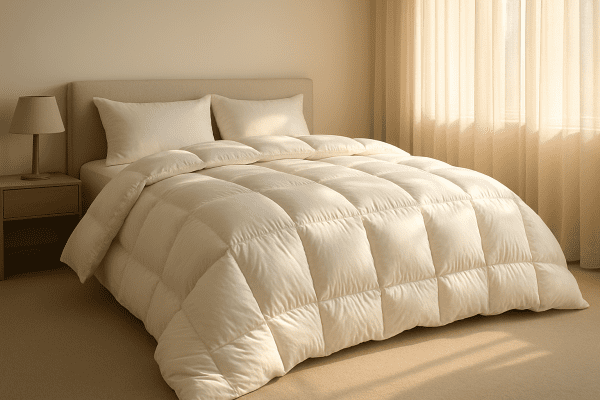 Sumptuous, high-loft down comforter on a king bed in softly sunlit, minimalist bedroom.