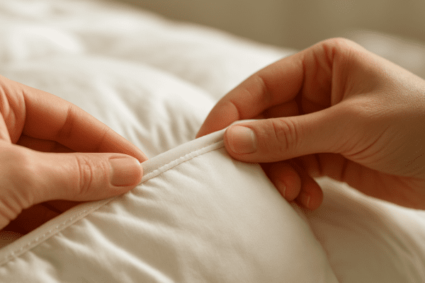 Macro of hands stretching the tightly woven seam of a down comforter, showing stitching and fabric.